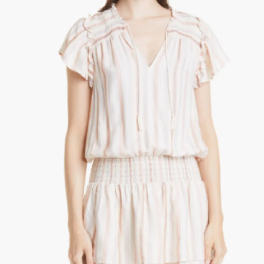 PAIGE Cristina Ruffle Smocked Minidress in Ecru/Multi Size Xsmall